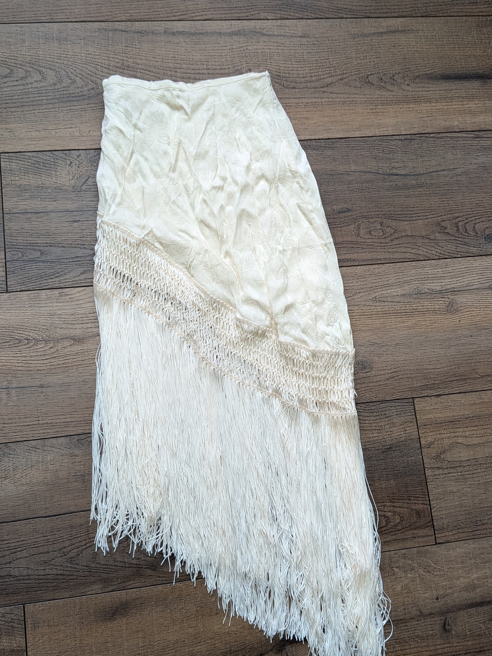12th Tribe Cream Asymmetrical Fringe Midi Skirt - Picture 2 of 5